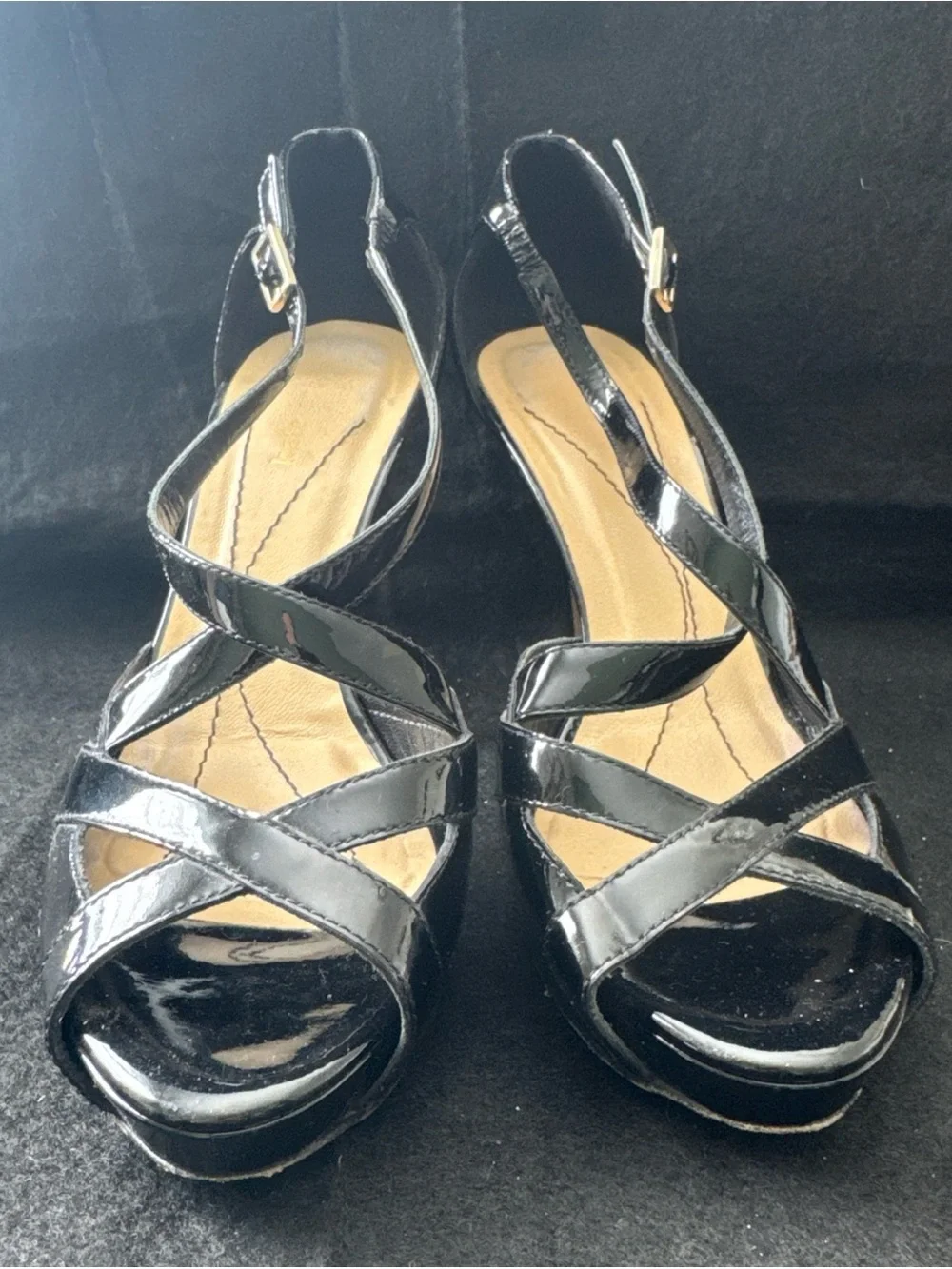 Kate Spade Black Patent Leather Platform Stiletto Heel Peep Toe Shoes Size 6.5